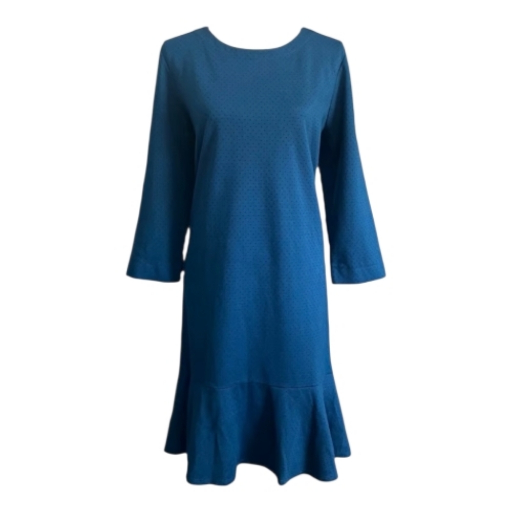 J. JILL Dress Size L Oxford Blue Black Dot Ponte Knit Dress 3/4 Sleeve Keyhole